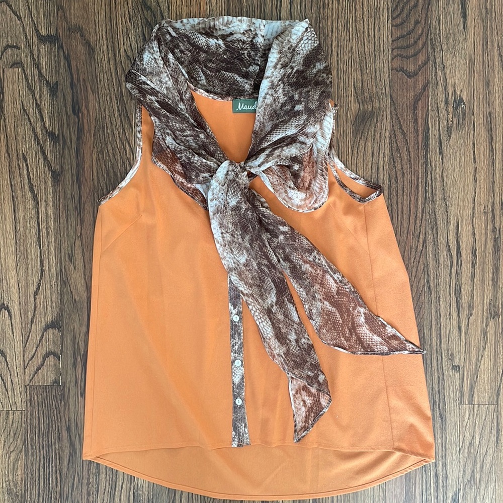 Orange and Brown Tank Blouse with Attached Scarf Detail- Work Layers